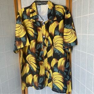 Tropical Banana Print Button Up Shirt, XL